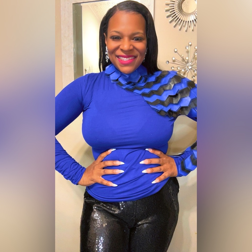 Leather turtleneck shirt Blue and Black Women's Top